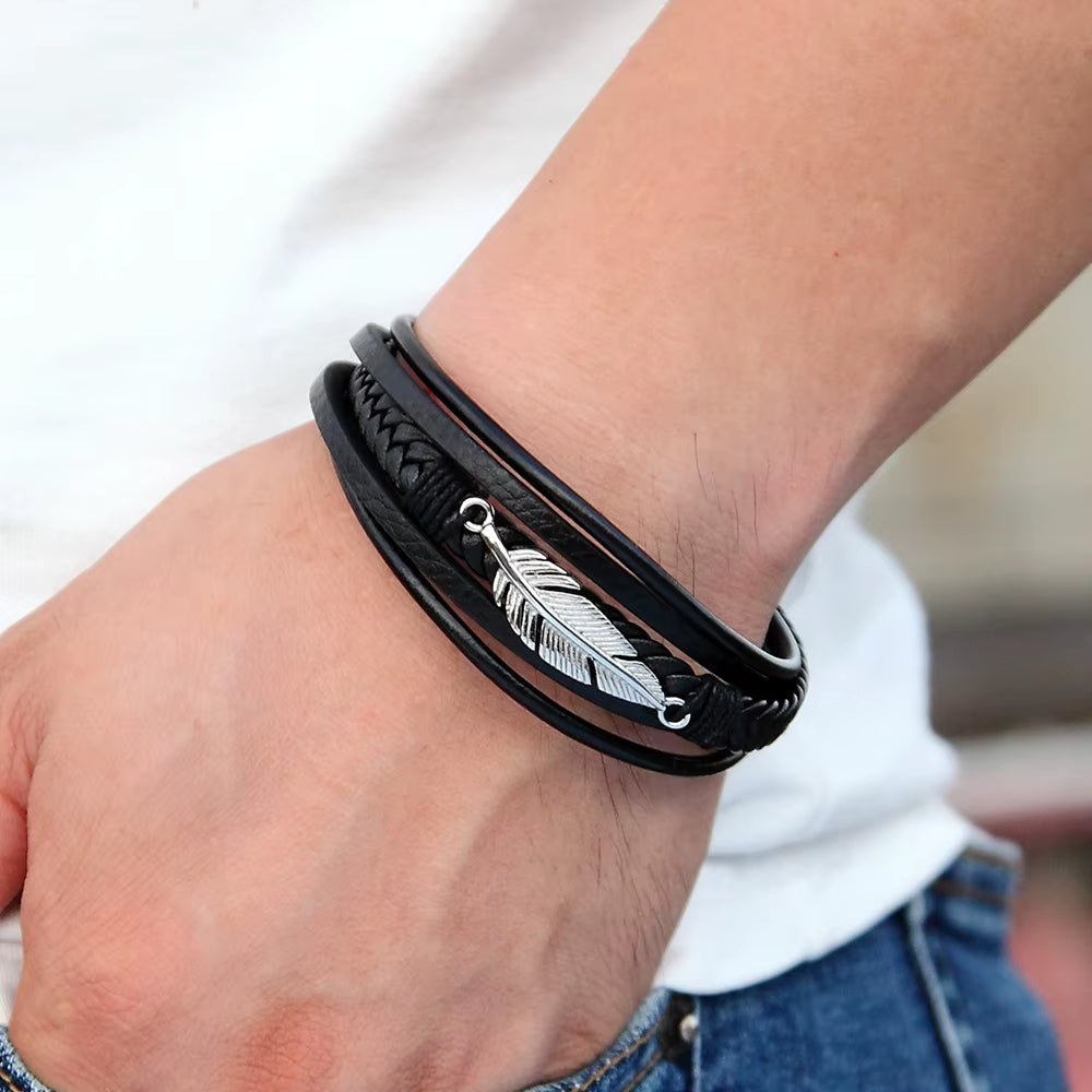 Multi-Layer Leather Feather Shape Accessories Men'S Bracelet Stainless Steel Leather Bracelet for Special Birthday Present