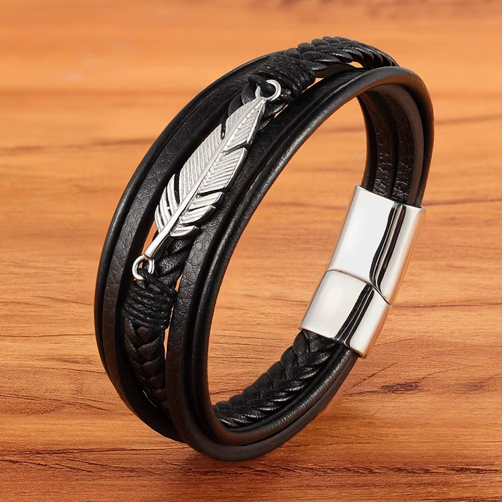 Multi-Layer Leather Feather Shape Accessories Men'S Bracelet Stainless Steel Leather Bracelet for Special Birthday Present